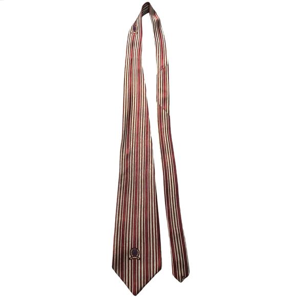 Tommy Hilfiger (Vintage) | Men’s Silk Tie | Red, Tan Stripes | Shield Crest Logo - Picture 3 of 6